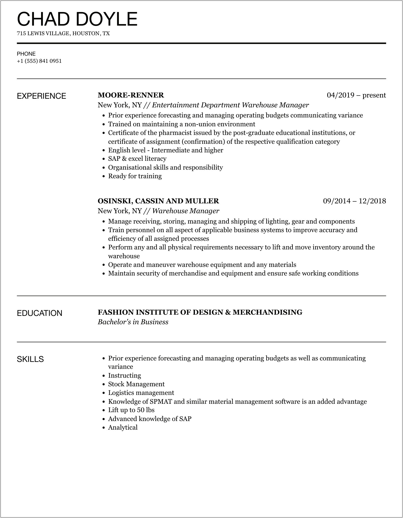 Warehouse Manager Resume Sample Resumes Misc Livecareerlivecareer