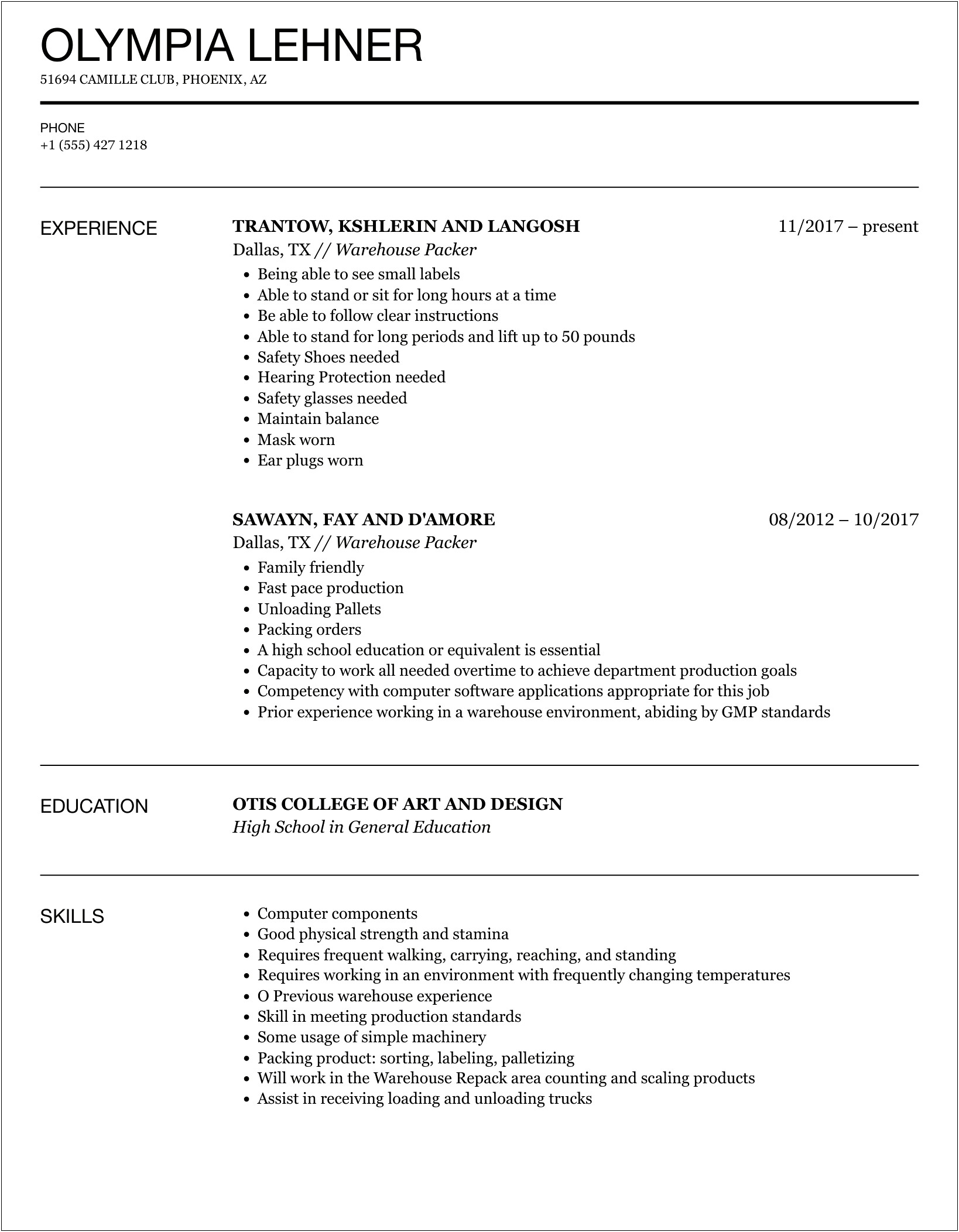 Warehouse Packer And Shipper Job Description For Resume