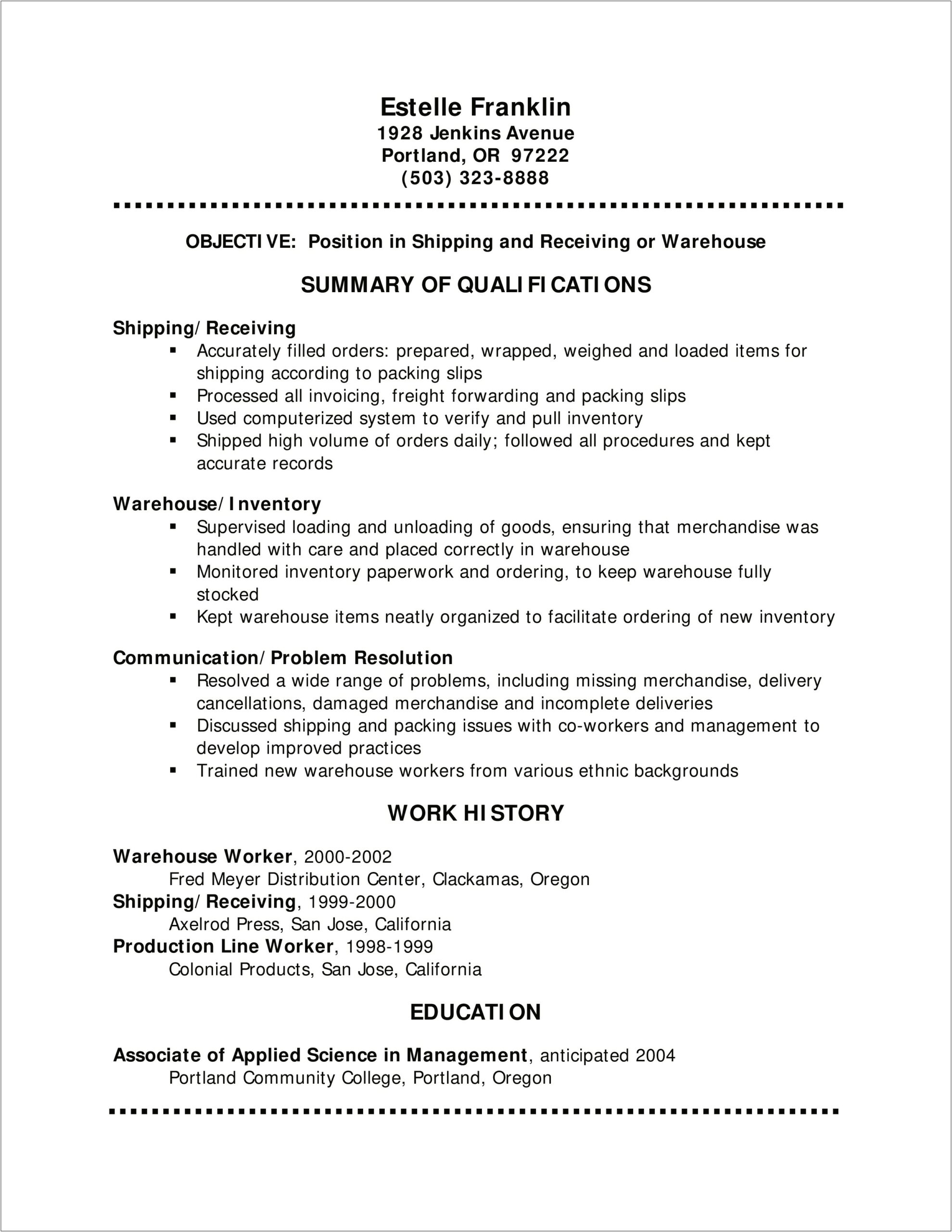 Warehouse Shipping And Receiving Job Resume
