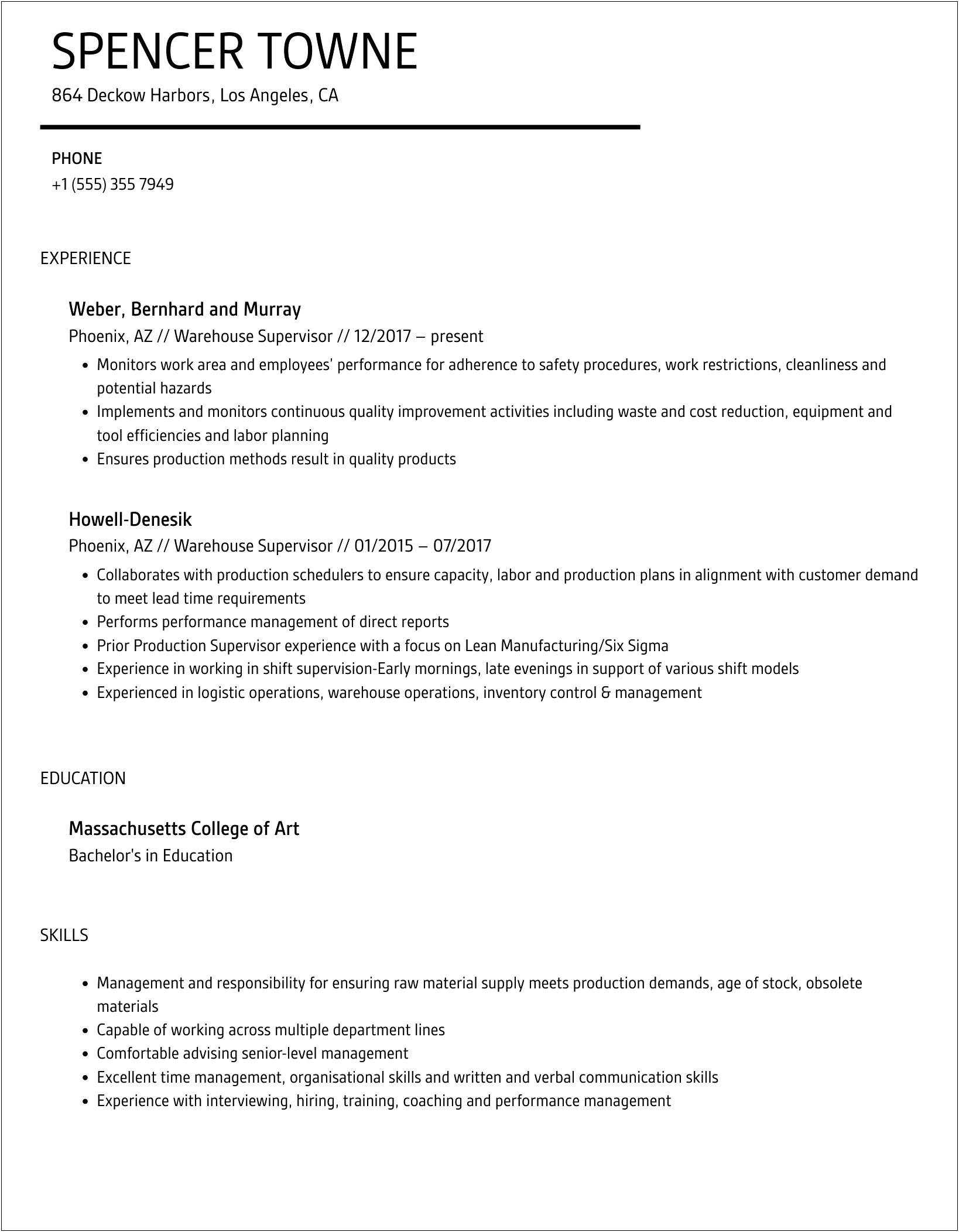 Warehouse Supervisor Job Description For Resume