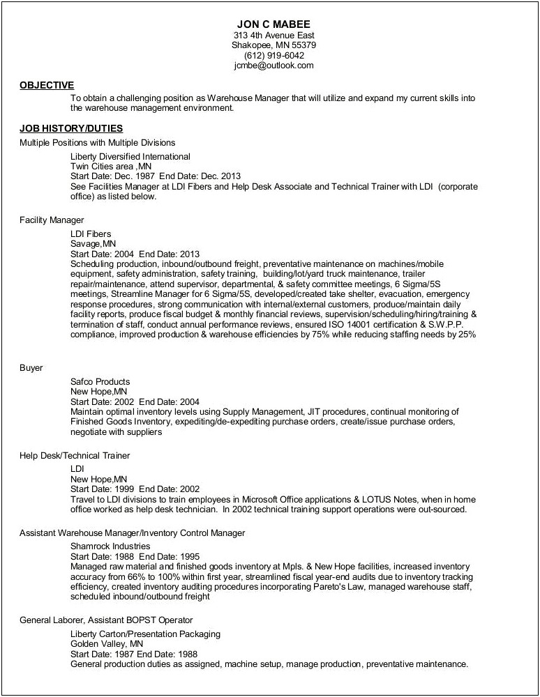 Warehouse Supervisor Job Description Sample Resume