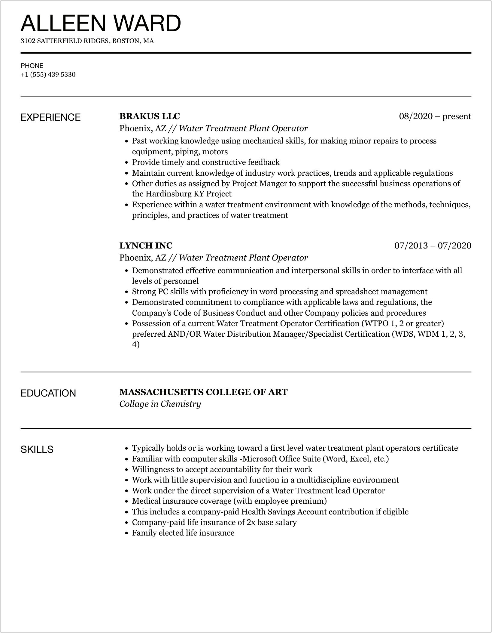 Wastewater Treatment Plant Operator Job Description For Resume