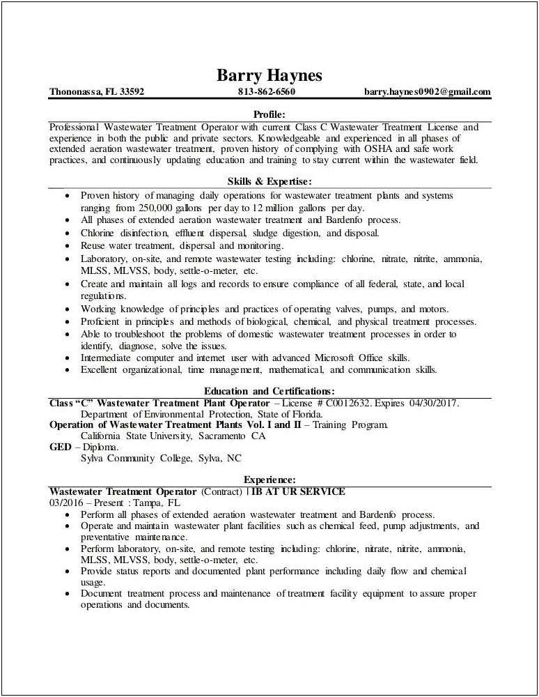 Wastewater Treatment Plant Operator Resume Cover Letter