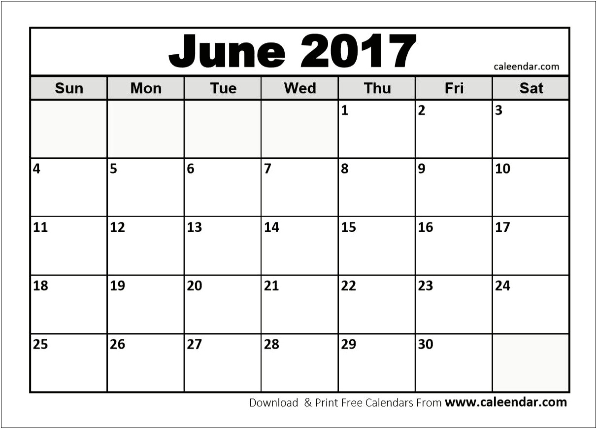 Weekly Big Calendar June 2017 Free Template