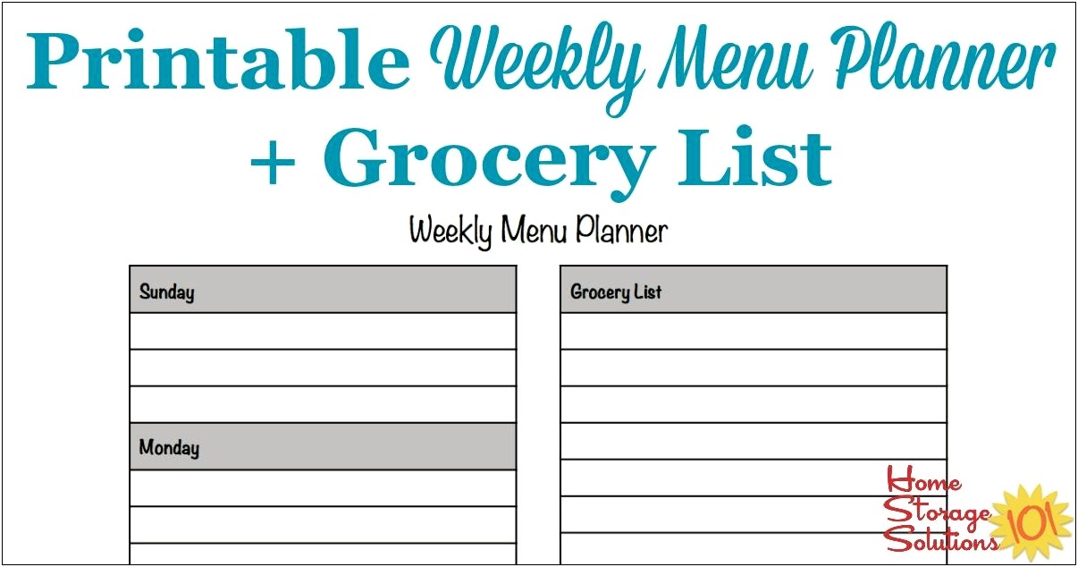Weekly Menu Shopping List Free Printable Template
