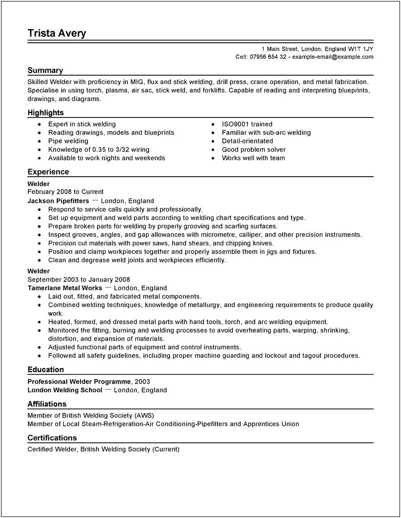 Welder Helper Job Objective For Resume