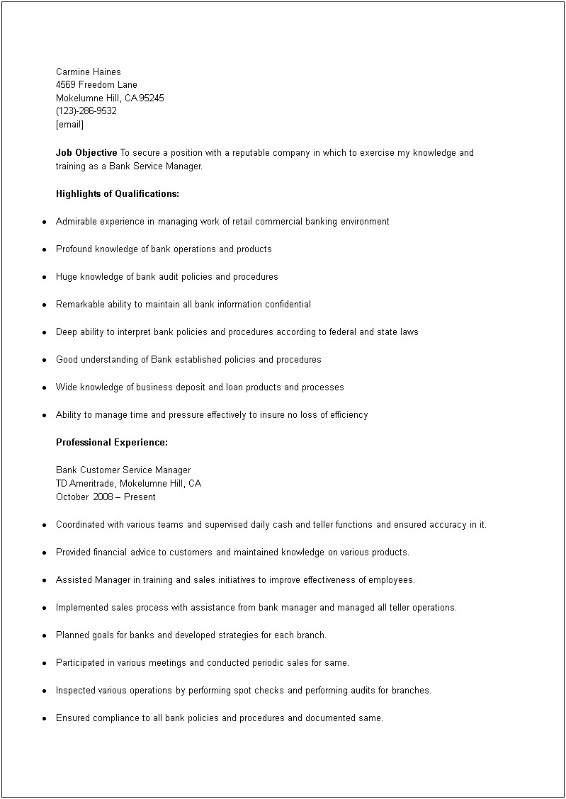 Wells Fargo Service Manager Resume Examples