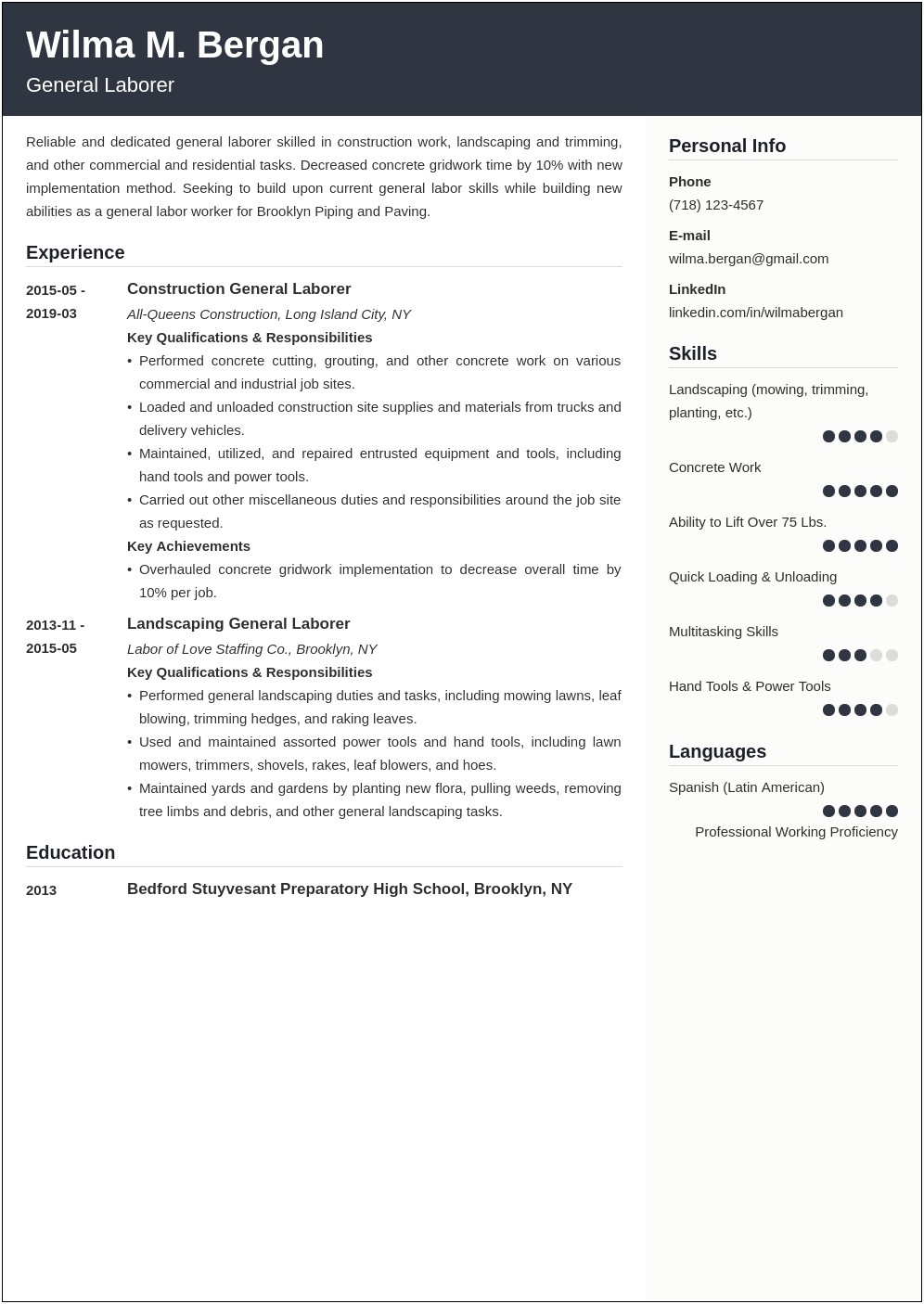 Word For General Labor On Resume