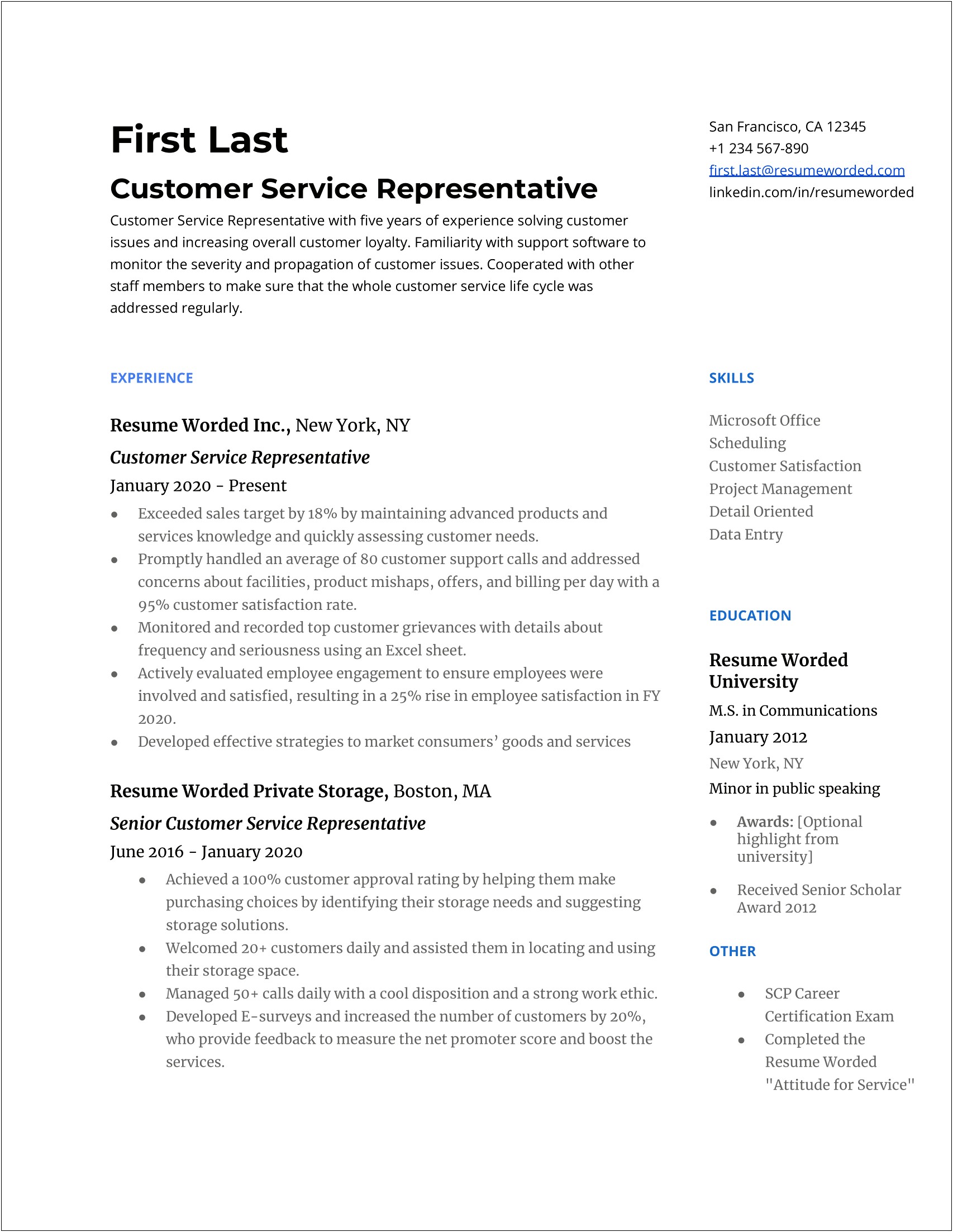 Wording Examples For Resume For Customer Service Professional