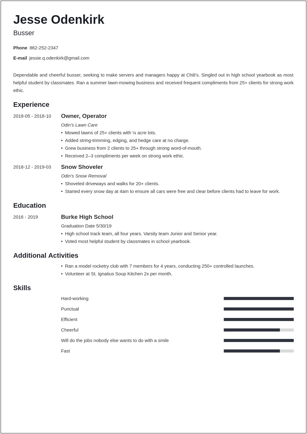 Wording For A Bus Boy On A Resume