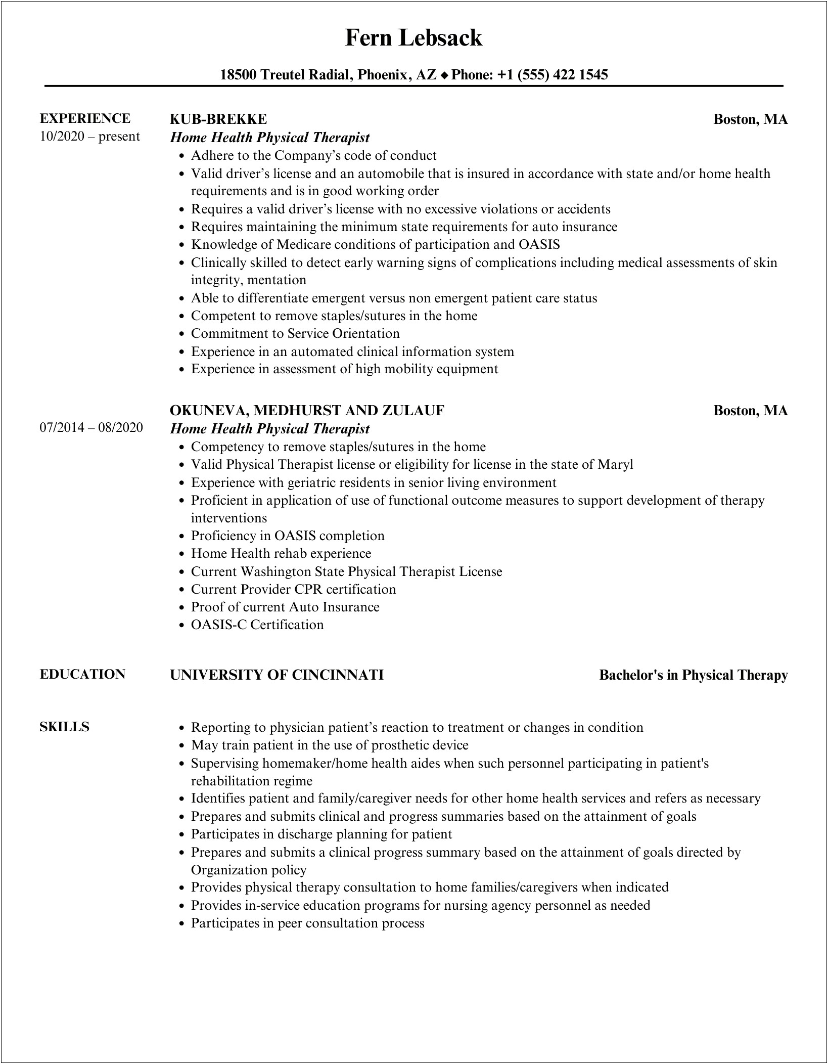 Wording Resume Physical Therapy Home Care Collaborate