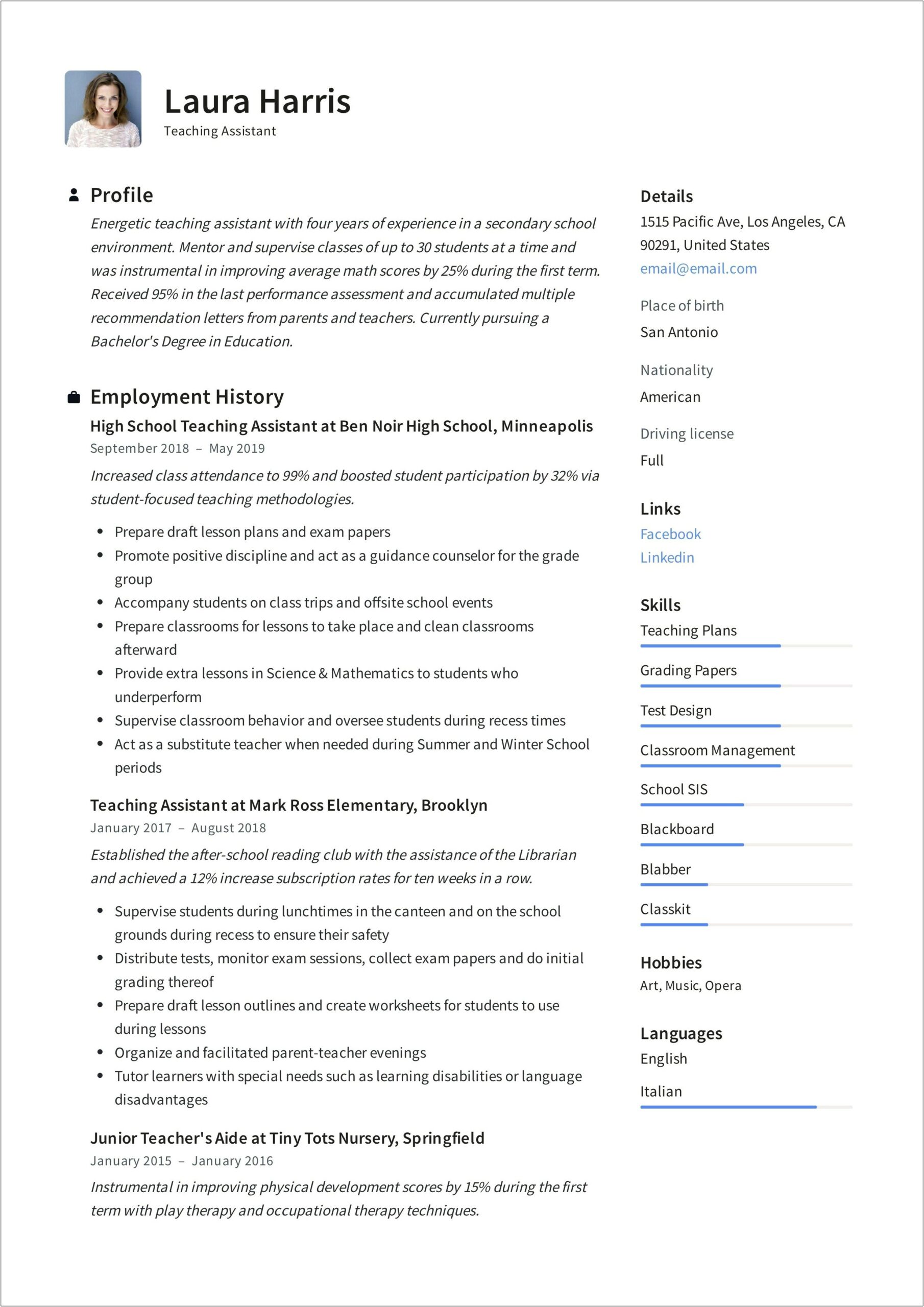 Work As A Teaching Assistant Resume