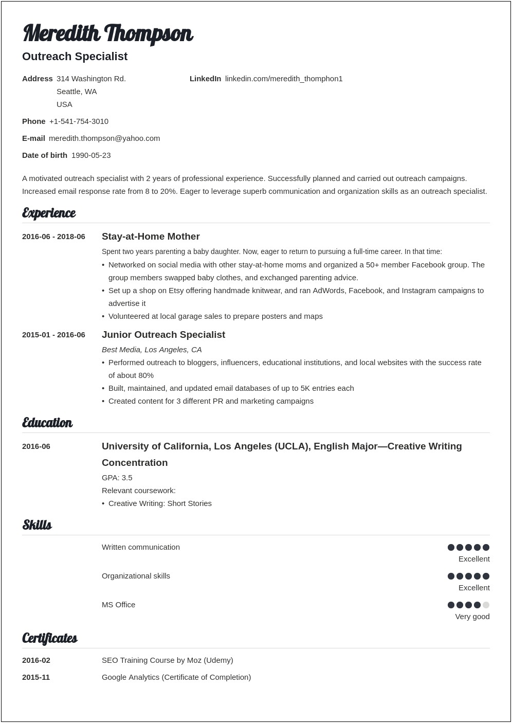 Work At Home Professional Profile Resume Examples