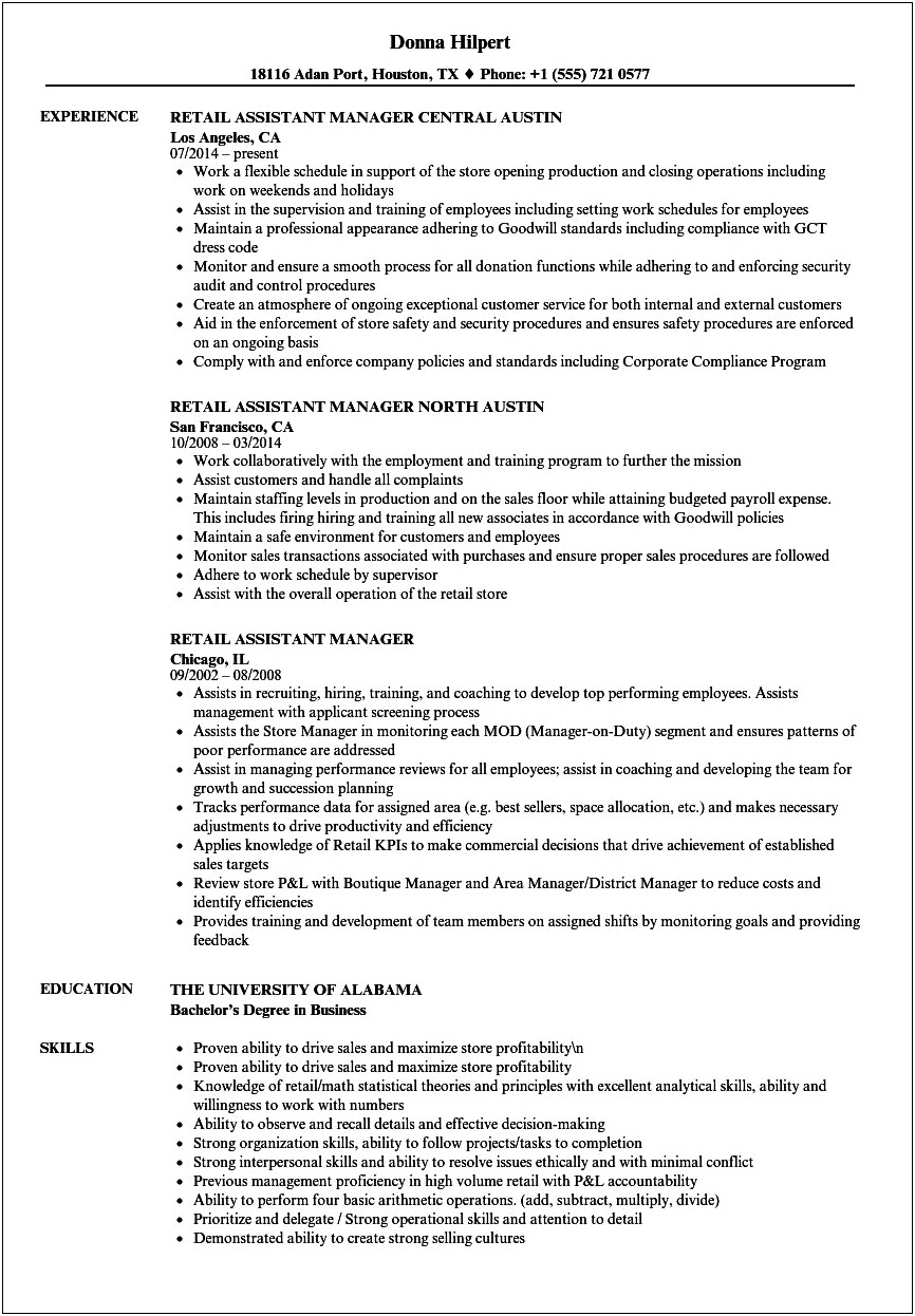 Work Experience As Assistant Manager For Resume