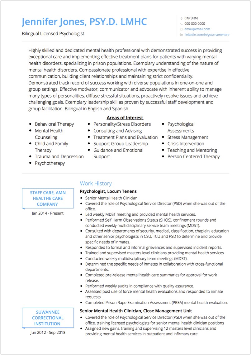Work Experience For Clinical Psychology Resume