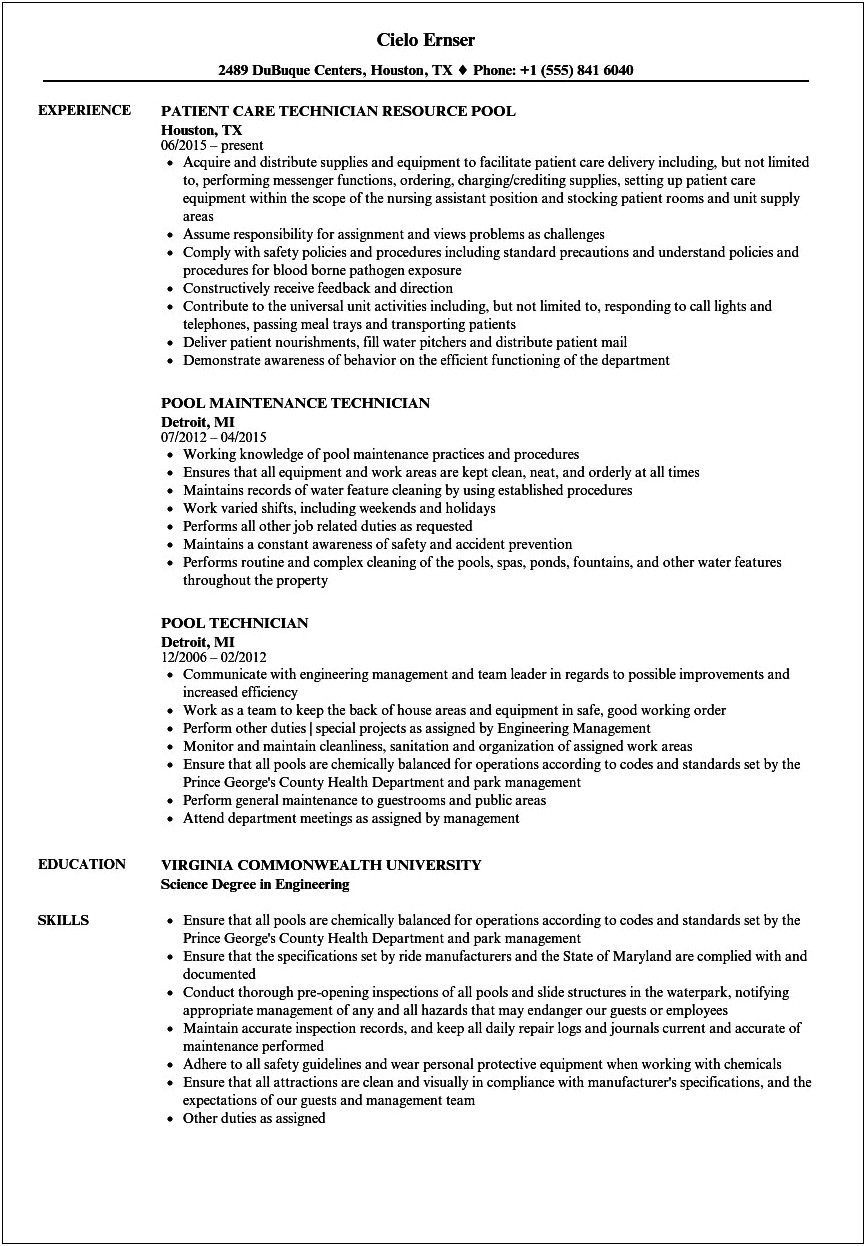 Work Experience Of A Pool Plumberfor Resume