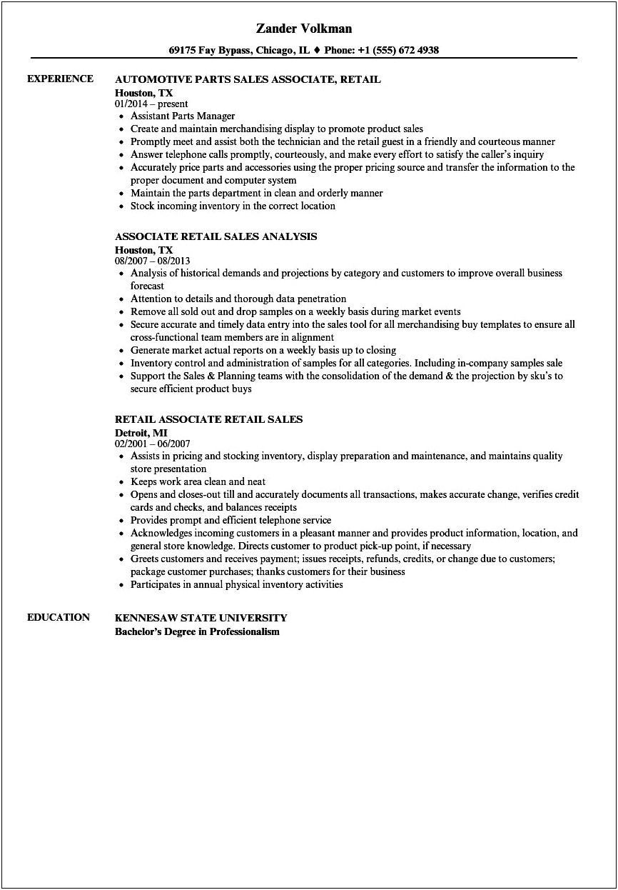 Work Experience Of A Sales Associate For Resume