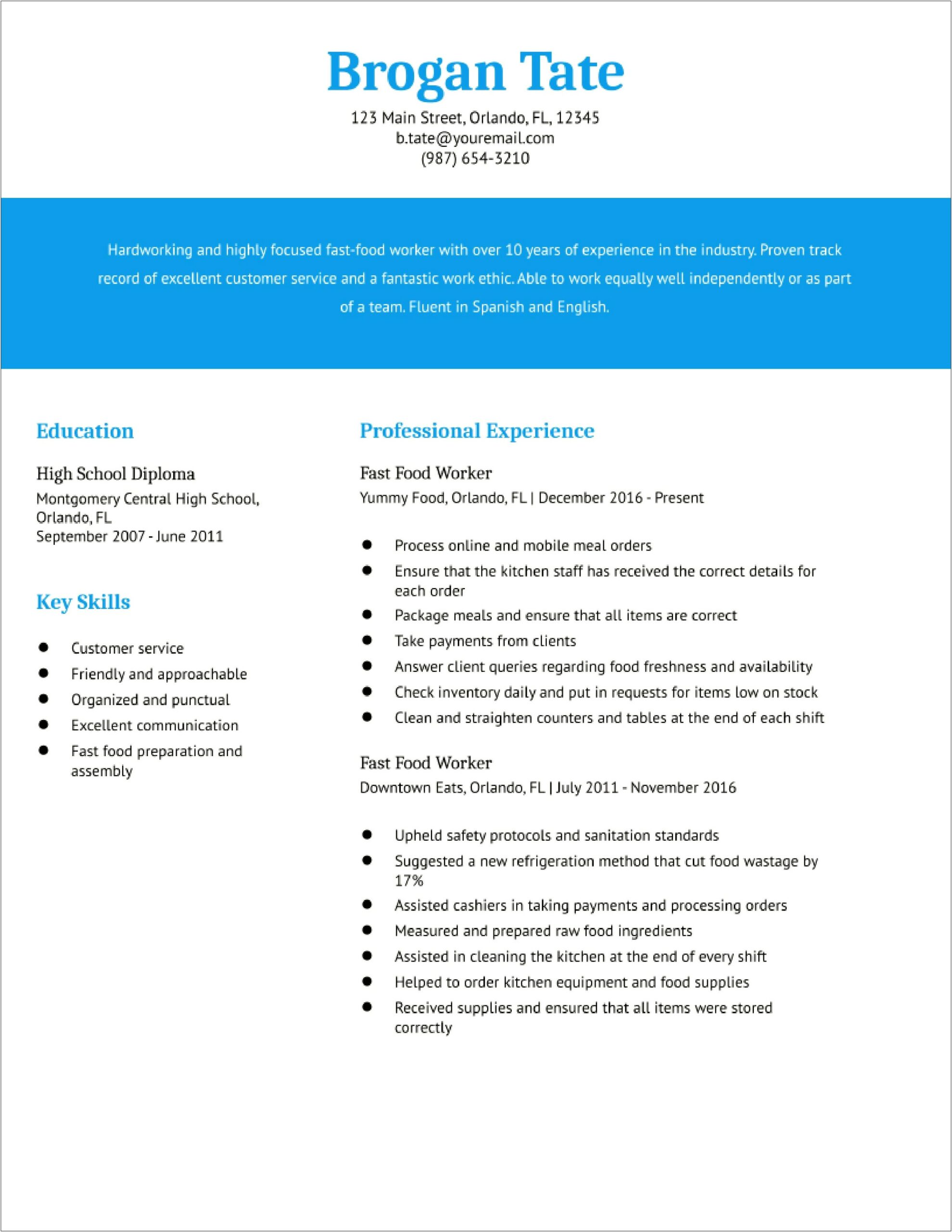 Work Experience Resume Examples Fast Food