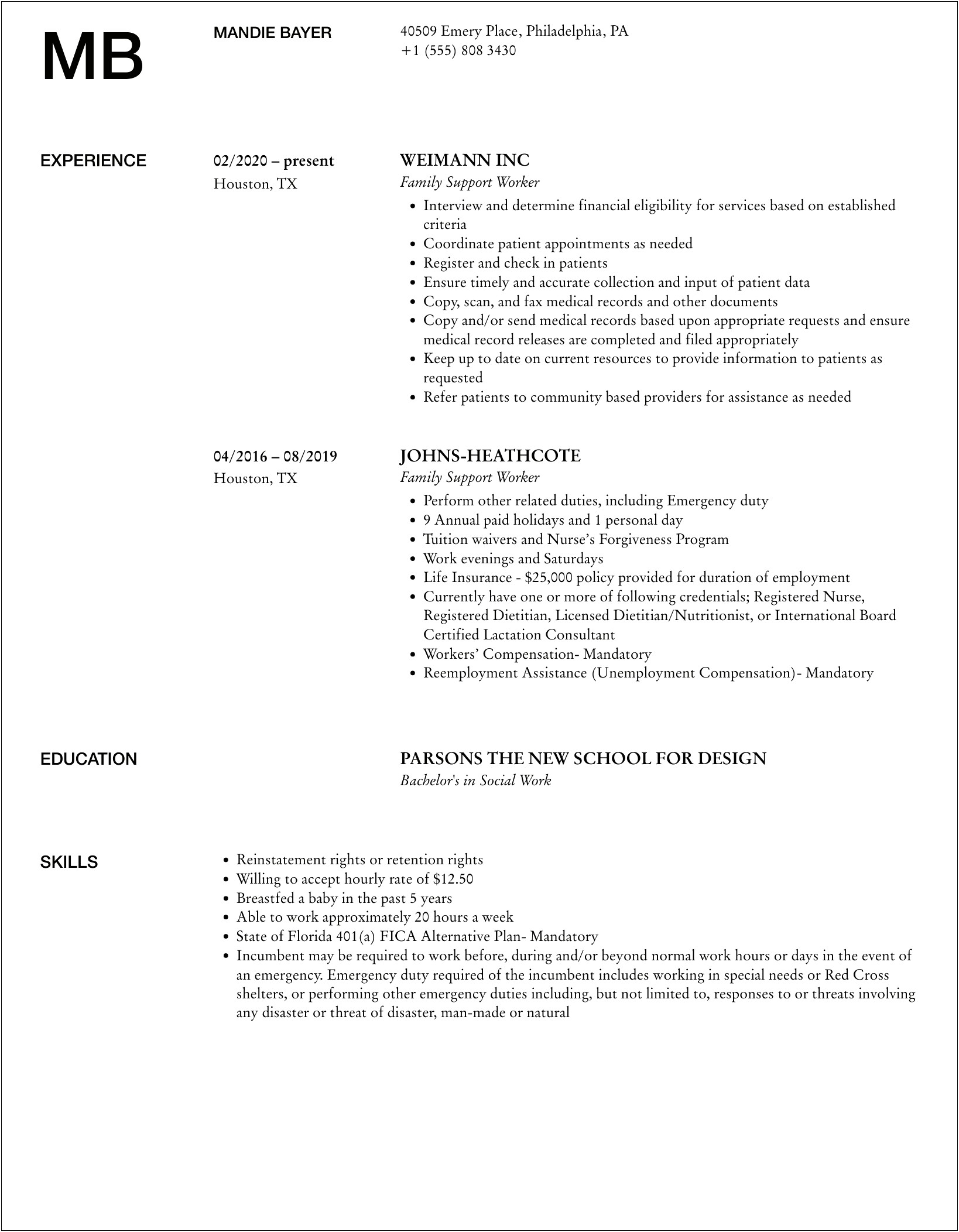 Work Experience Resume For Family Support Worker