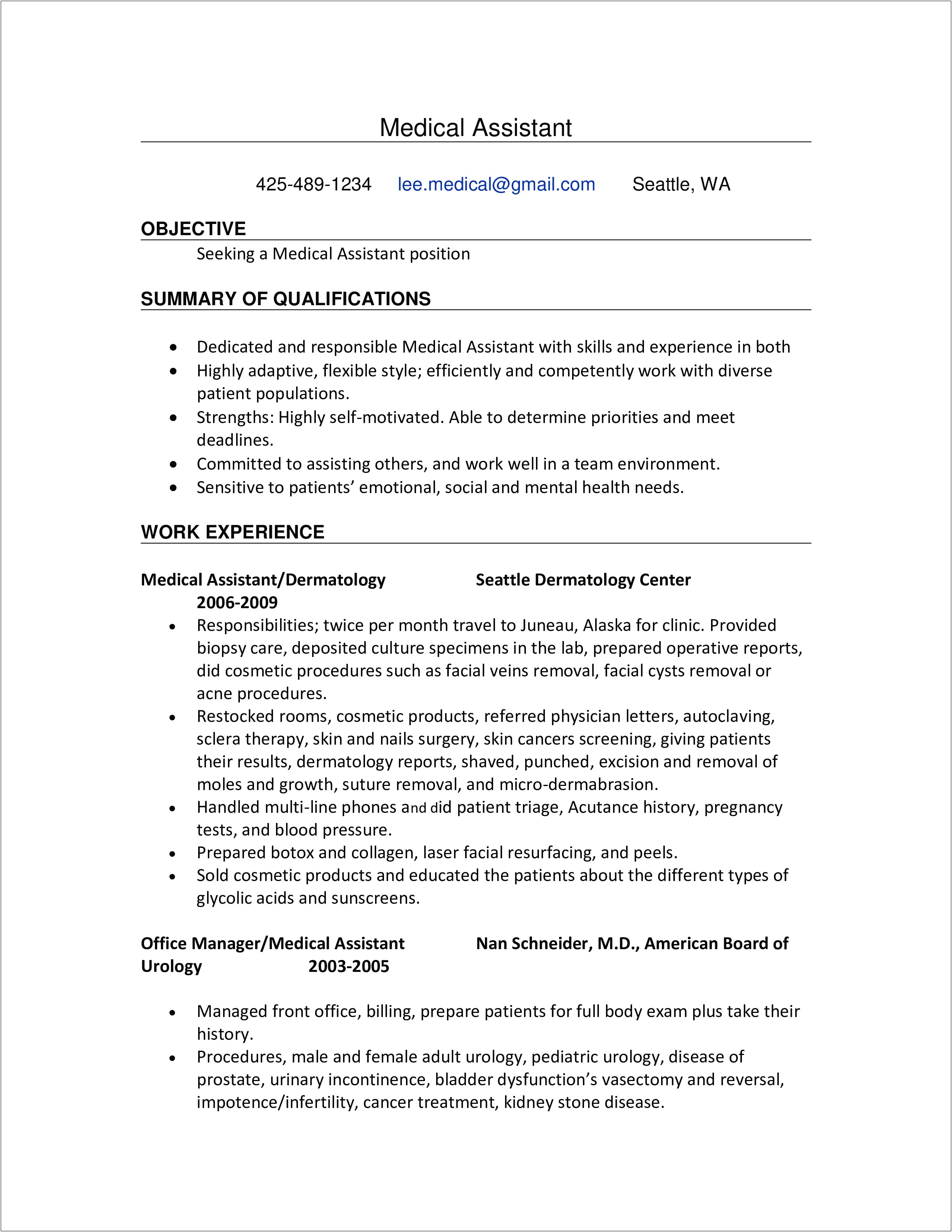 Work Experience Resume For Medical Assistant
