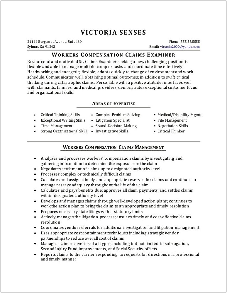 Workers Compensation Claims Assistant Resume Example
