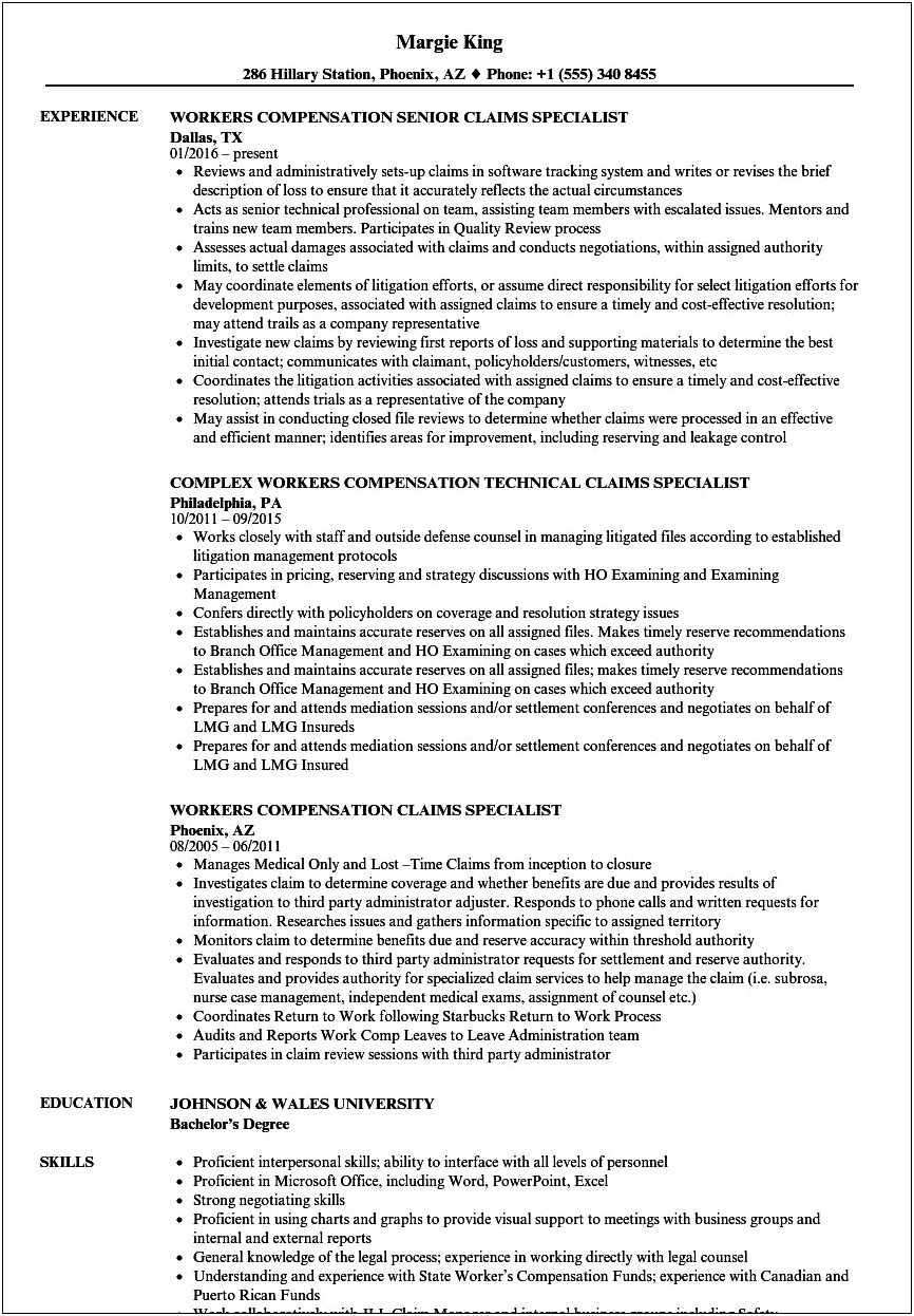 Workers Compensation Claims Assistant Resume Sample