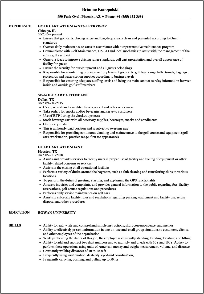 Working At A Golf Course Resume
