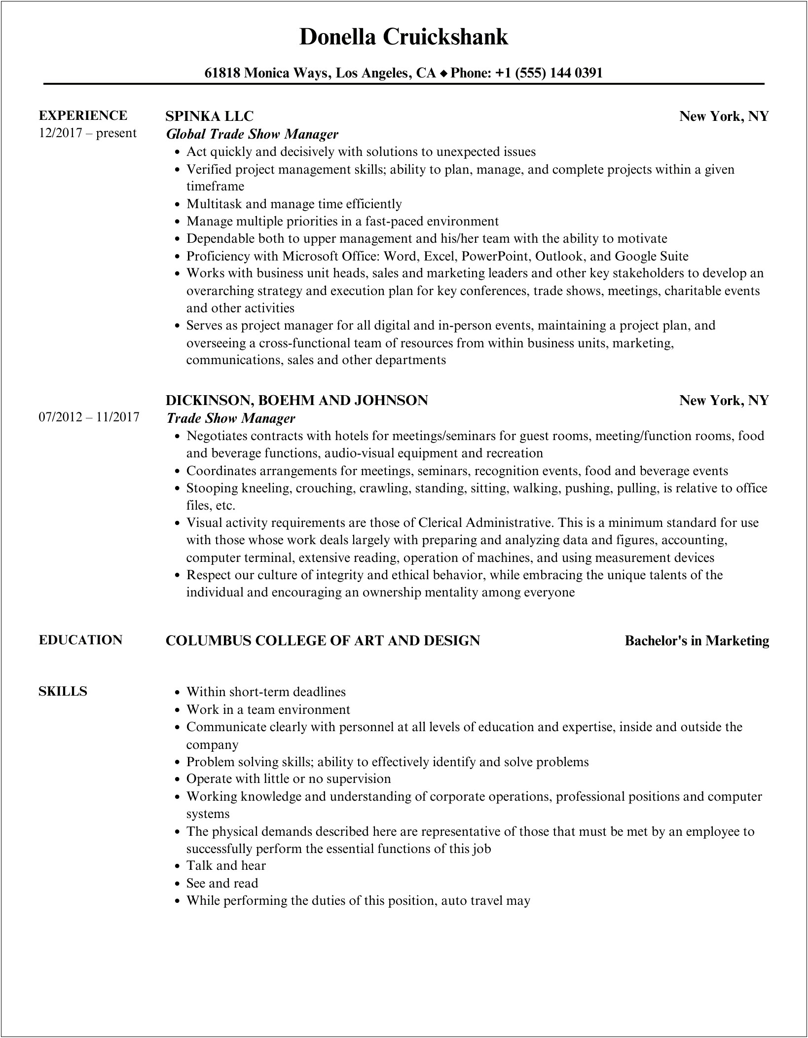 Working At Trade Show On Resume