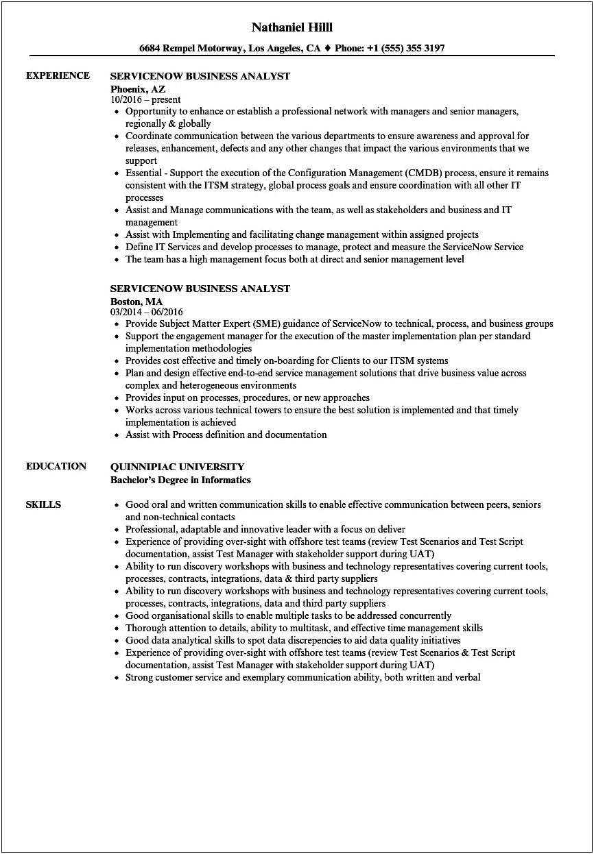 Working Experice In Service Catalog Resume