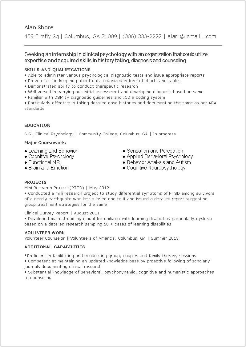 Writing A Resume Objective For A Psychology Internship
