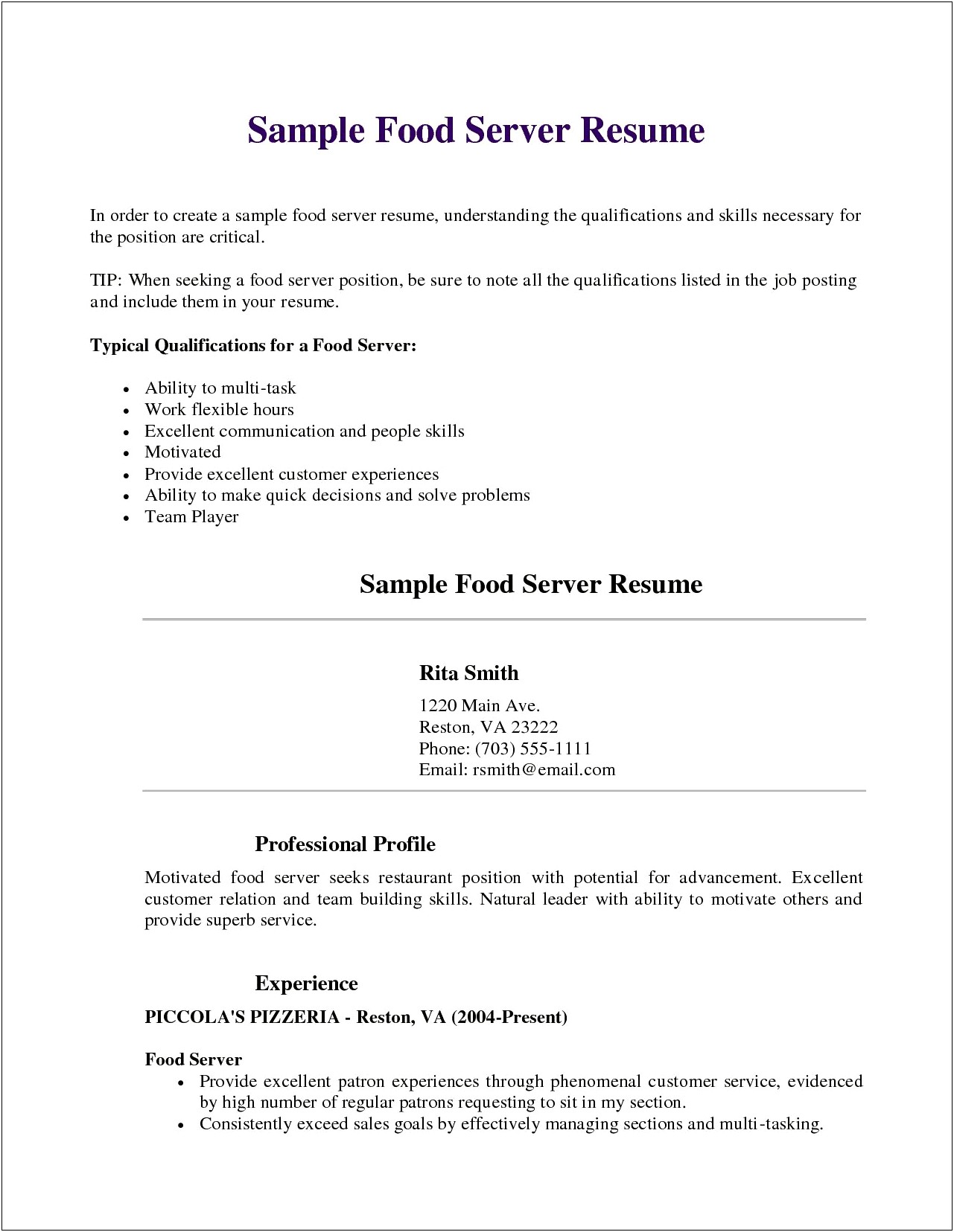 Writing A Resume Working At A Restaurant