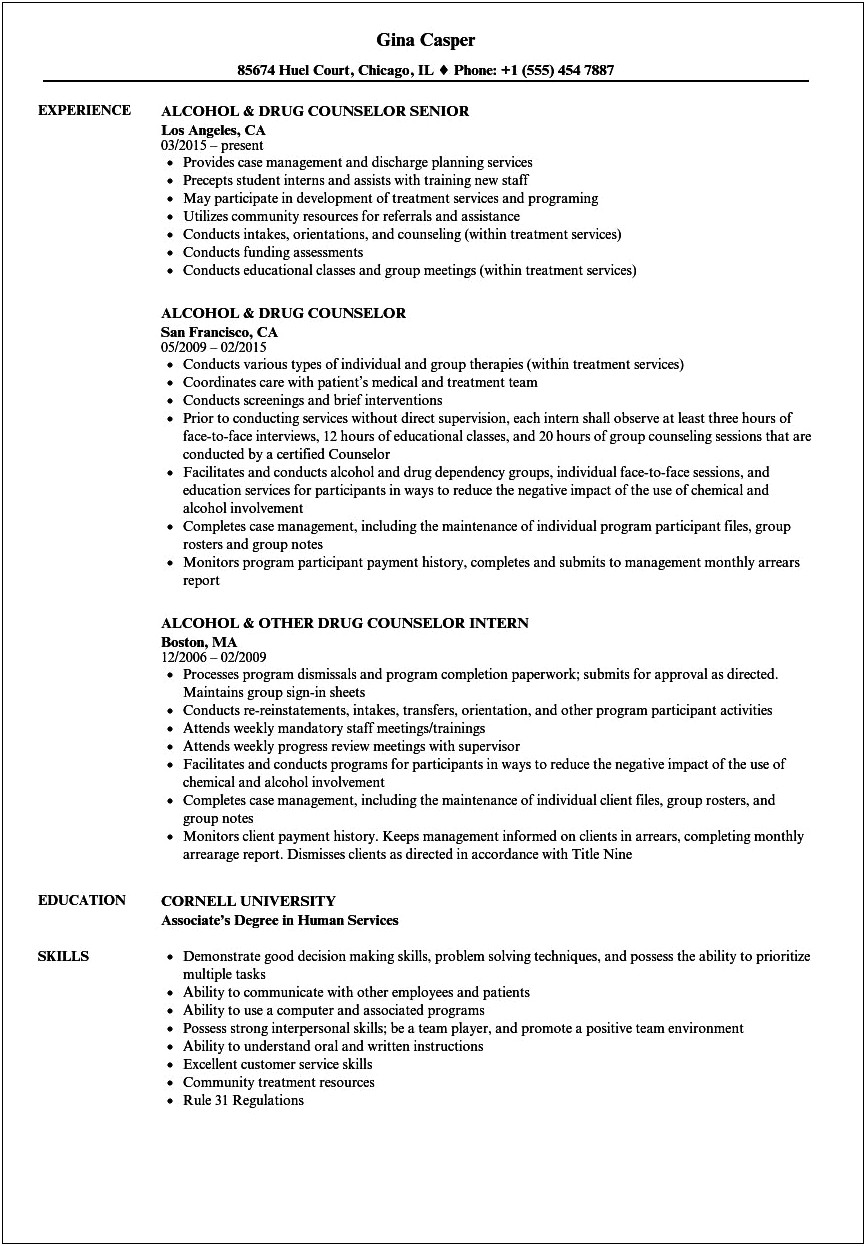 Writing A Summary For Addiction Counselor Resume Sample