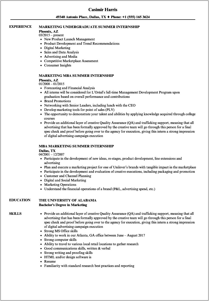Writing An Objective For Resume Internship
