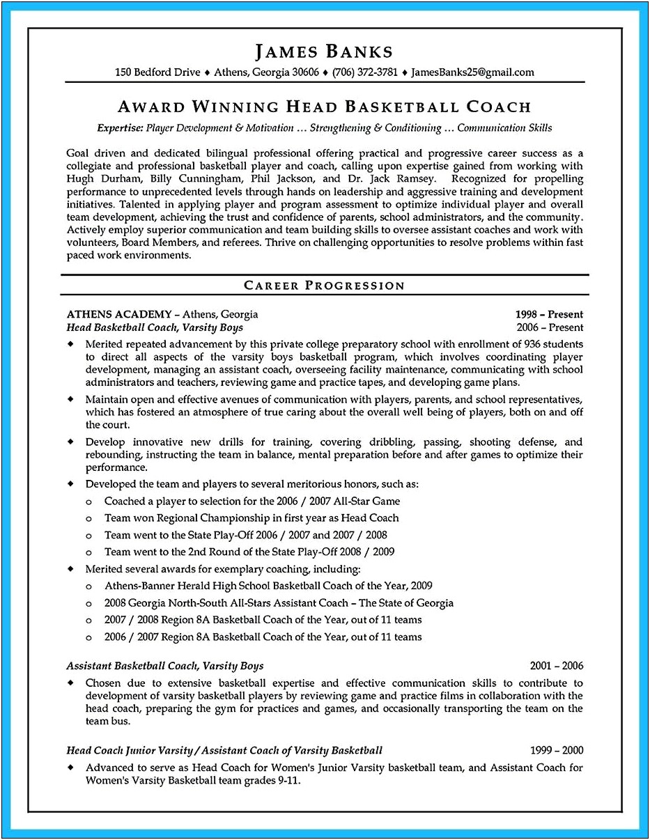 Youth Basketball Coach Job Description Resume