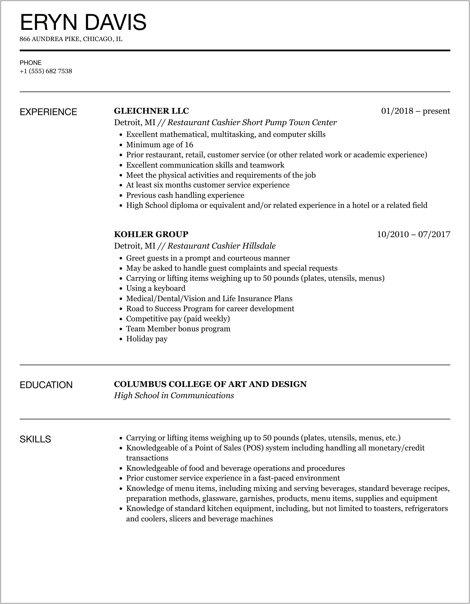 Zaxby's Cashier Job Description Resume
