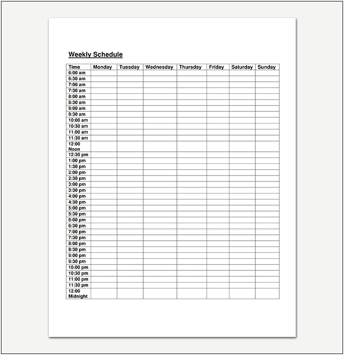 12 Hour Day Weekly Schedule Template Word
