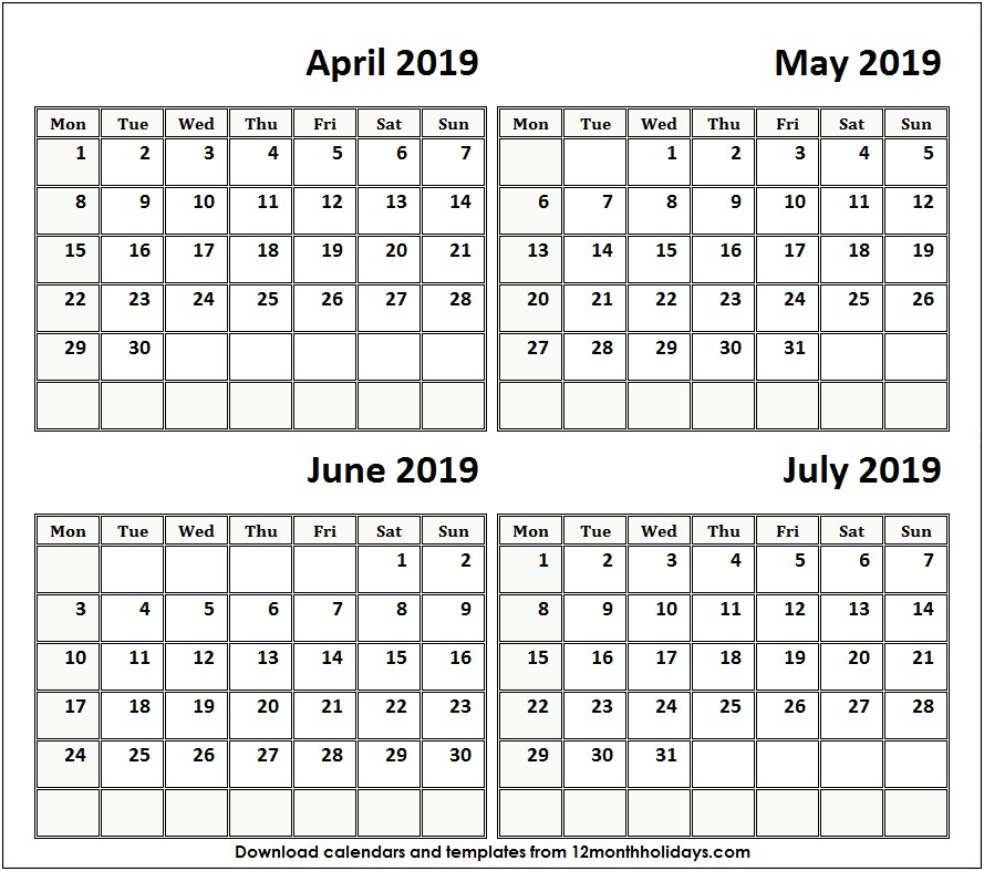 12 Month Calendar Template 2019 For Word