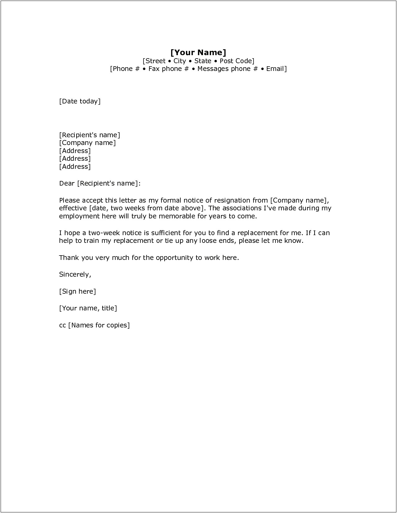 2 Weeks Notice Letter Template Word
