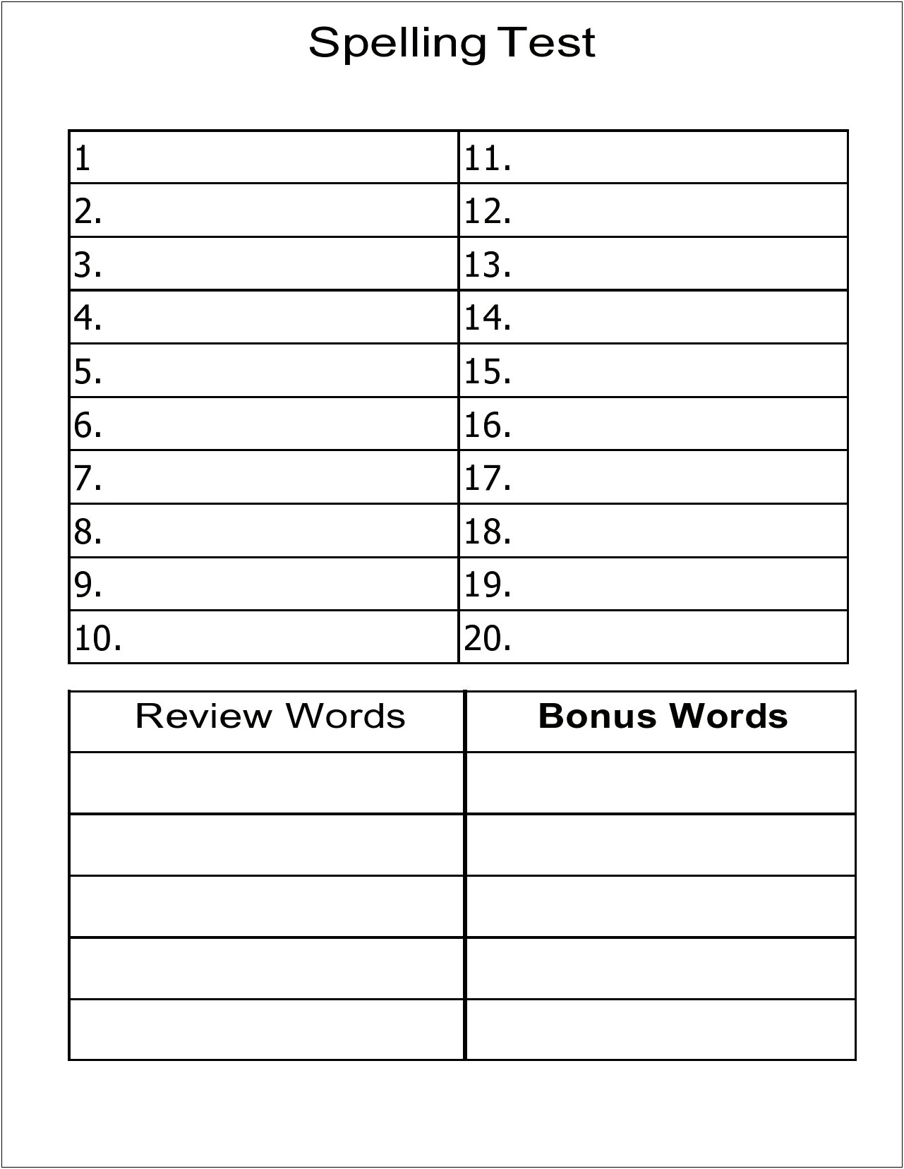 20 Word Spelling Test Template With Handwriting Lines