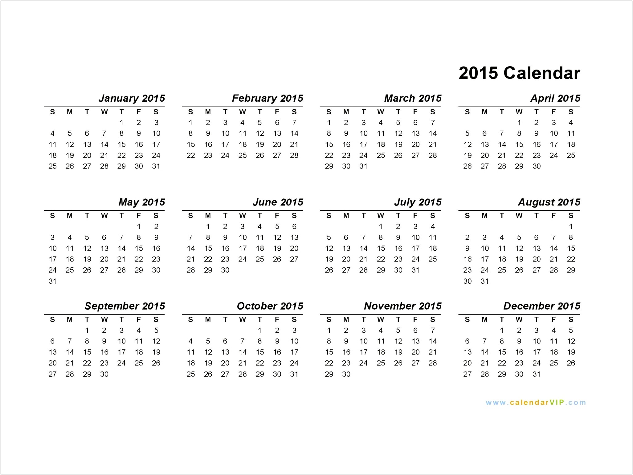 2015 12 Month Calendar Template Word