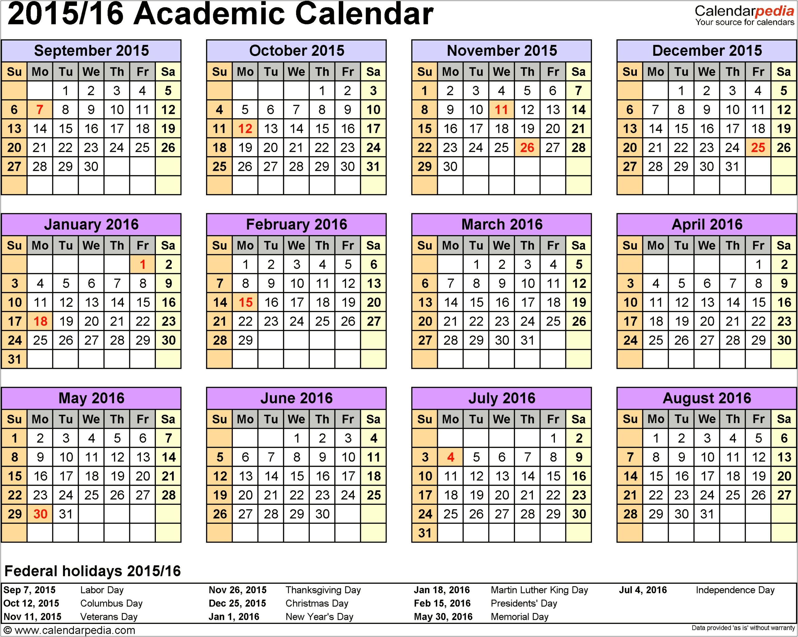 2015 16 Academic Calendar Word Template