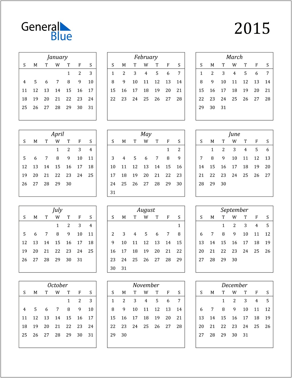 2015 Calendar Template Word One Page