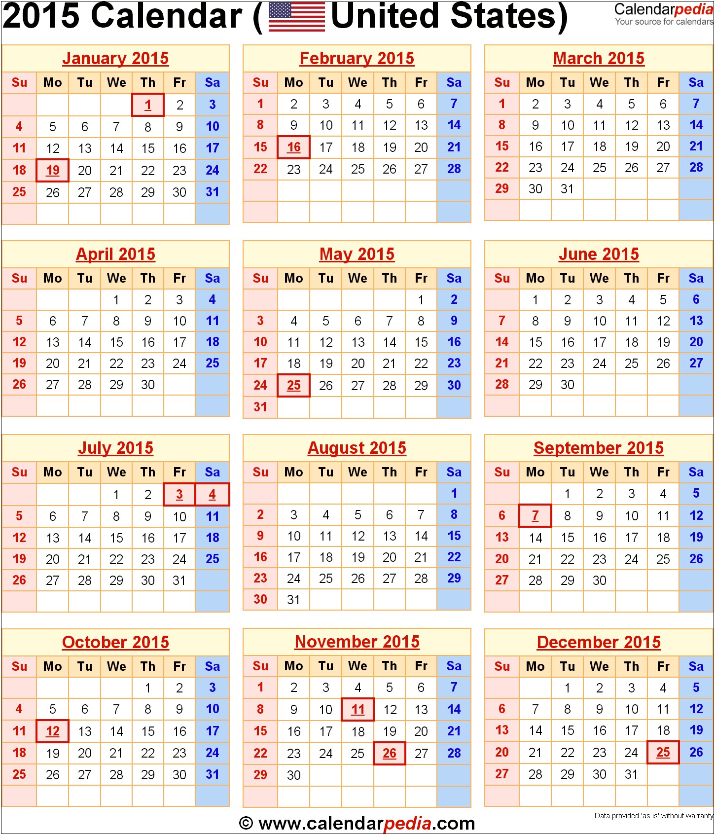 2015 Yearly Calendar Template For Word