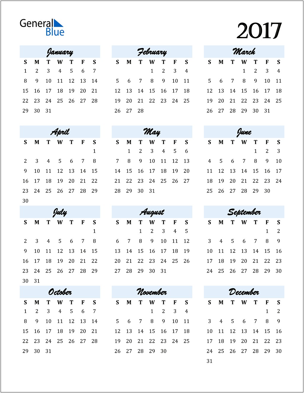 2017 12 Month Calendar Template Word