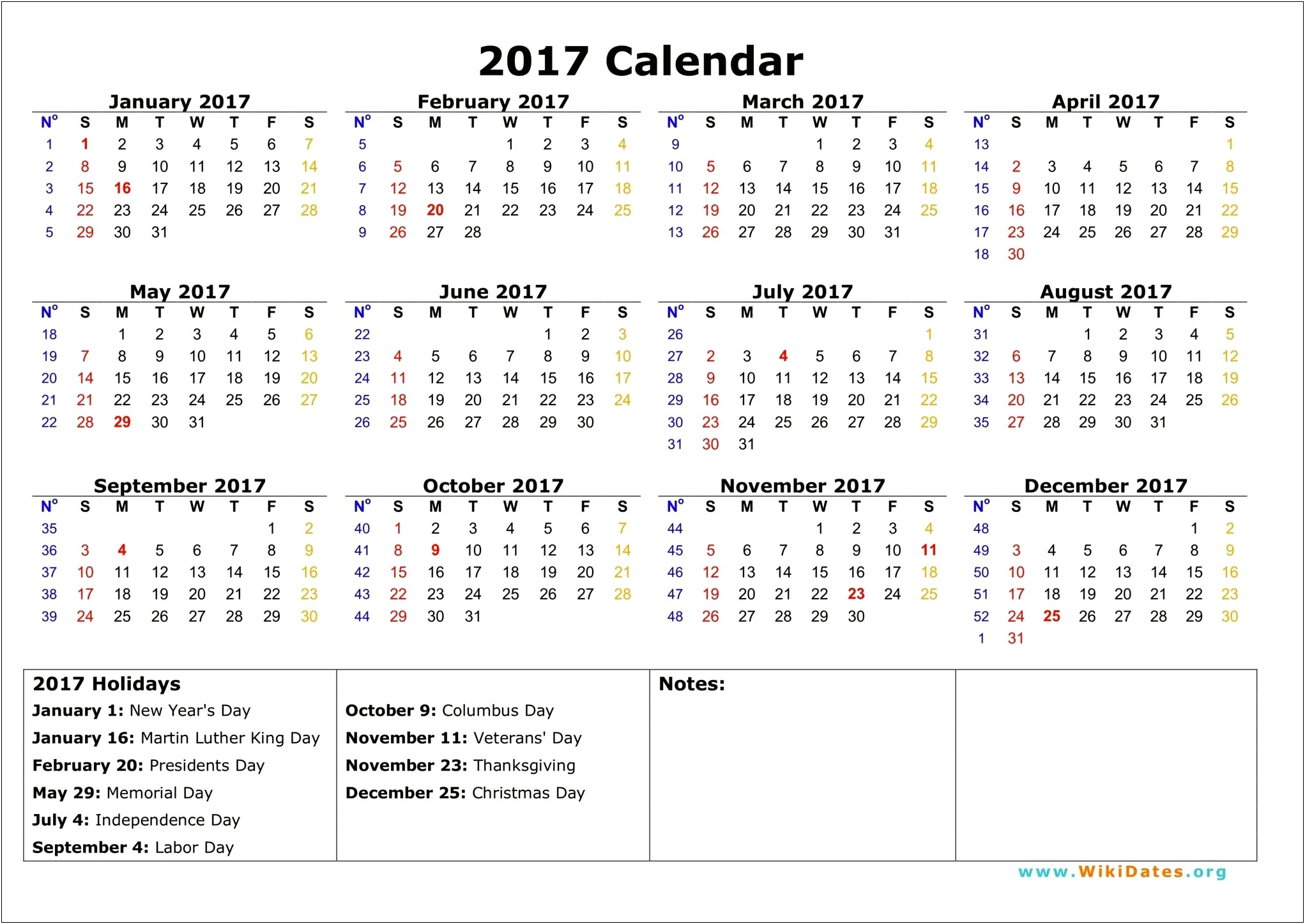 2017 Word Calendar Template With Holidays