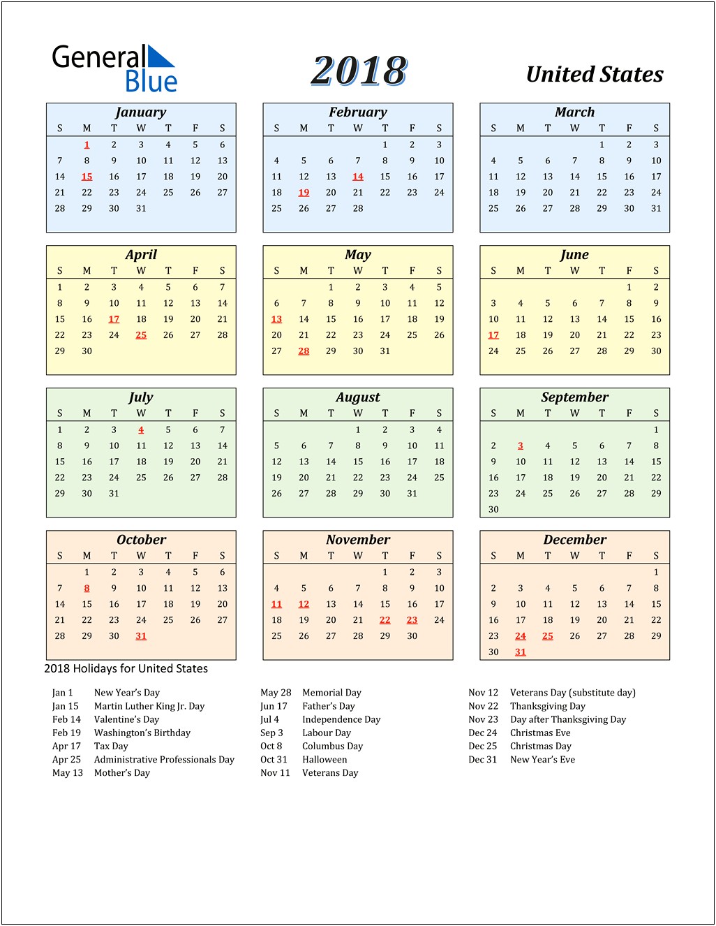 2018 Calendar With Holidays Usa Word Template
