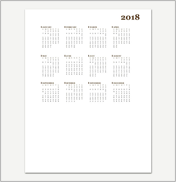 2018 Yearly Calendar 1 Page Word Template
