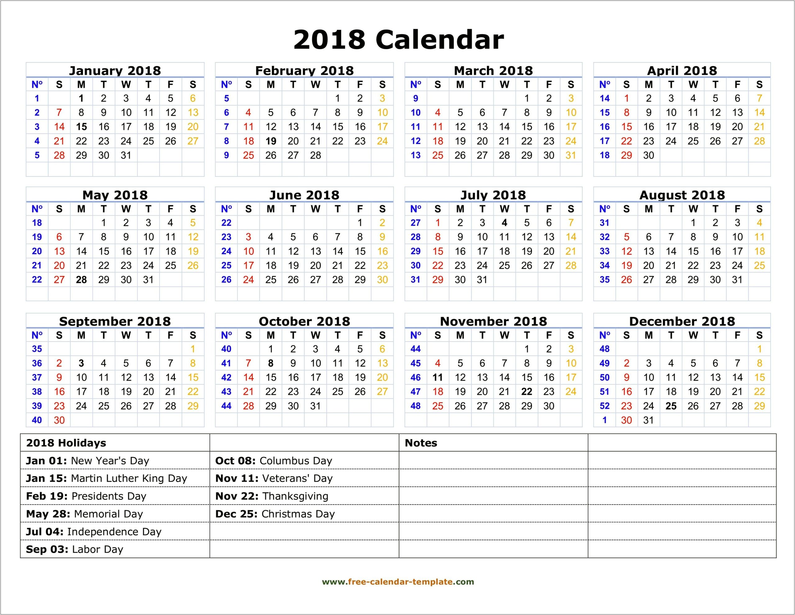 2018 Yearly Calendar Template Microsoft Word