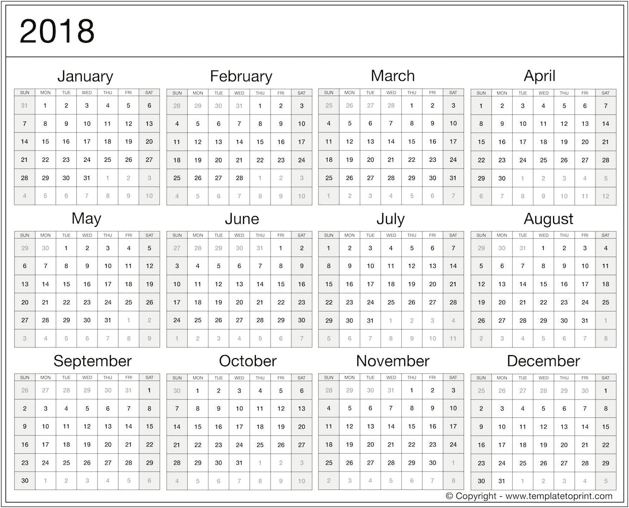 2018 Yearly Calendar Template Word With Holidays
