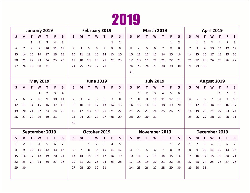 2019 12 Month Calendar Template Word